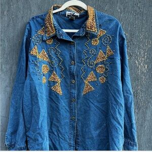 Embellished Denim Shirt with Gold Accents